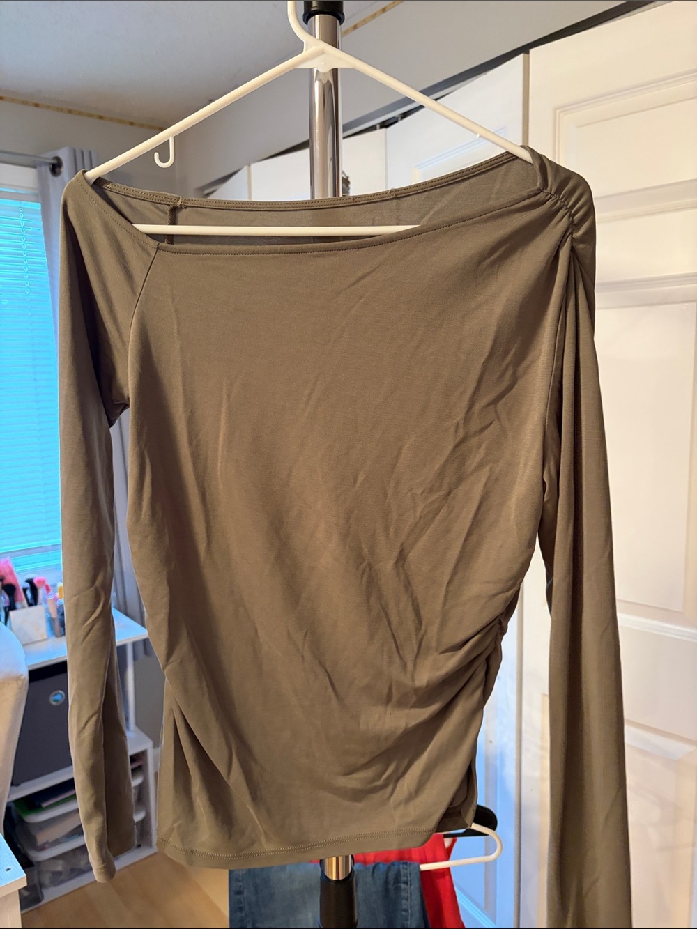 Cotton On Olive Boatneck Long Sleeve Top with Side Gathering